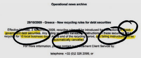 Photo of a document showing the new rules for transactions with Greek government bonds on 29/10/2009.